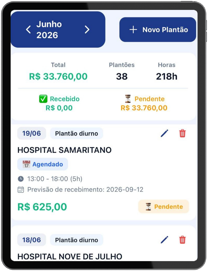 AppMedic no tablet com resumo do mês e lista de plantões