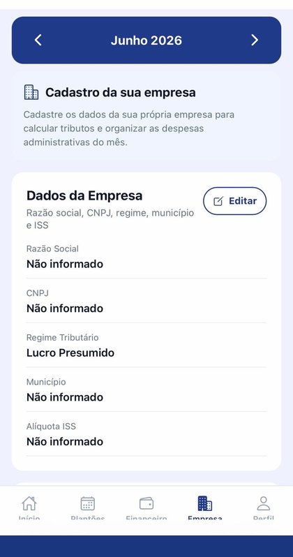 Cadastro da empresa com regime tributário e alíquota de ISS