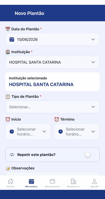 Tela de cadastro rápido de novo plantão