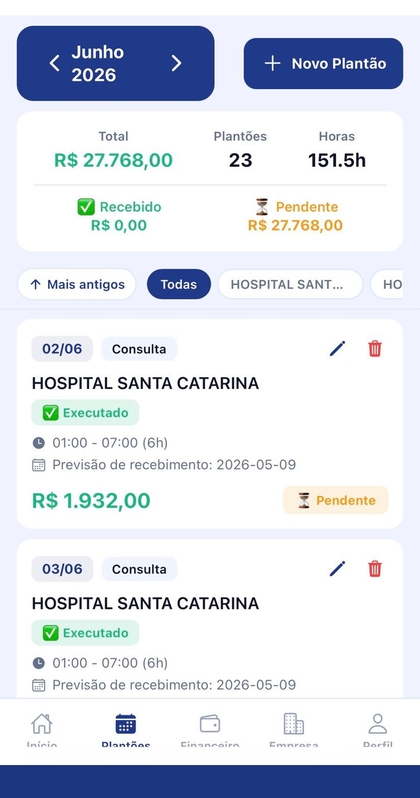 Lista de plantões com valores e status de pagamento